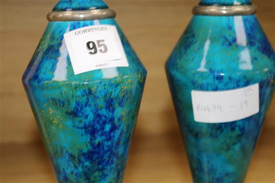 A pair of Paul Milet Sevres Art Deco pottery and chrome electroplate mounted vases and integral covers, c.1930, 25cm.